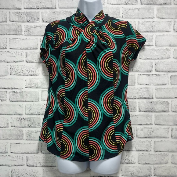 Worthington Stretch Retro Psychedelic Mock Neck Blouse Medium - Picture 1 of 7
